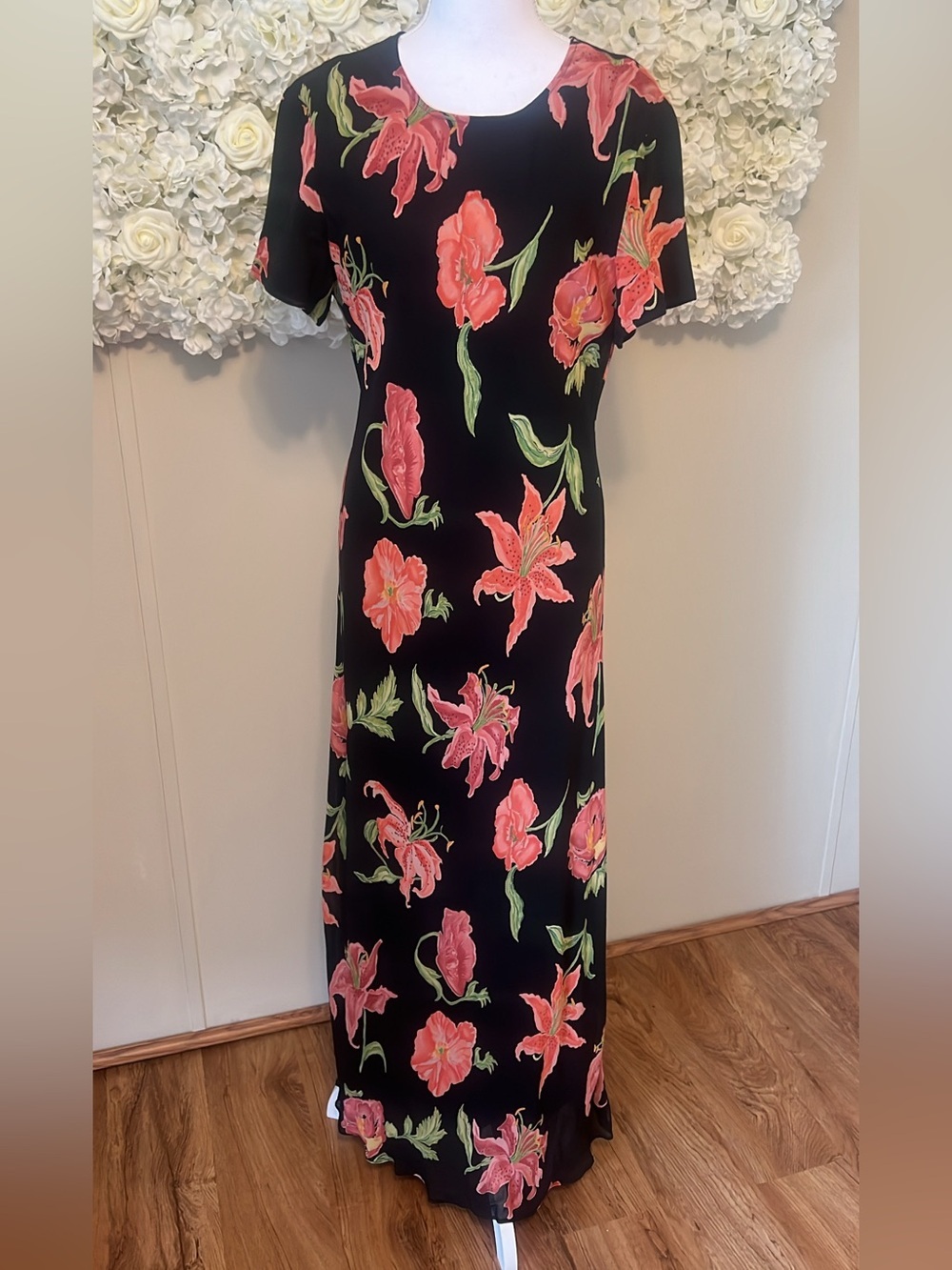 Liz Claiborne Black Maxi Dress with Coral Pink Floral Print